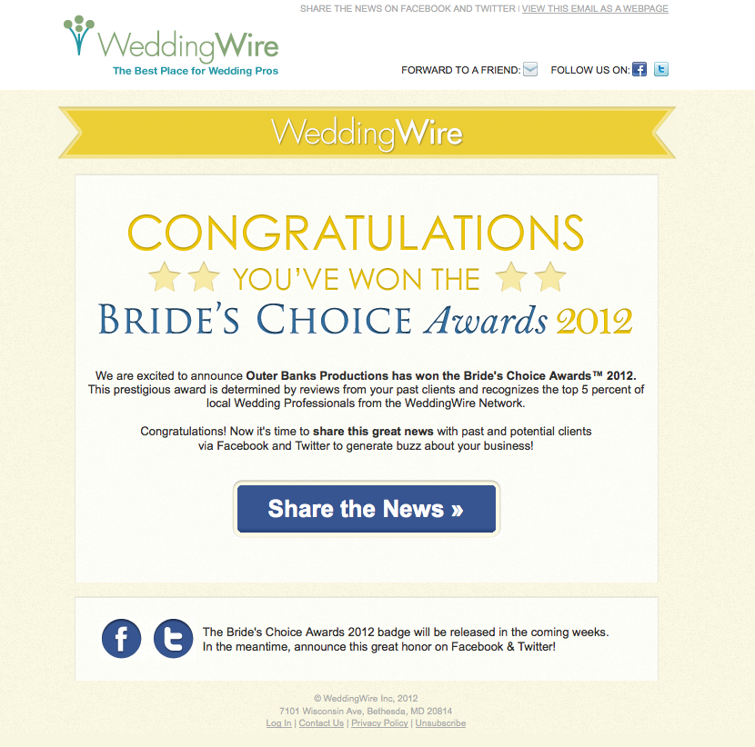 Outer Banks Productions - Wedding Wire Bride's Choice Award 2012